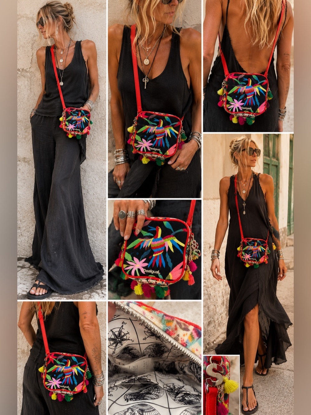 Desigual Embroidered Hummingbird Tassel Mini Crossbody Bag Boho Festival Colorfu